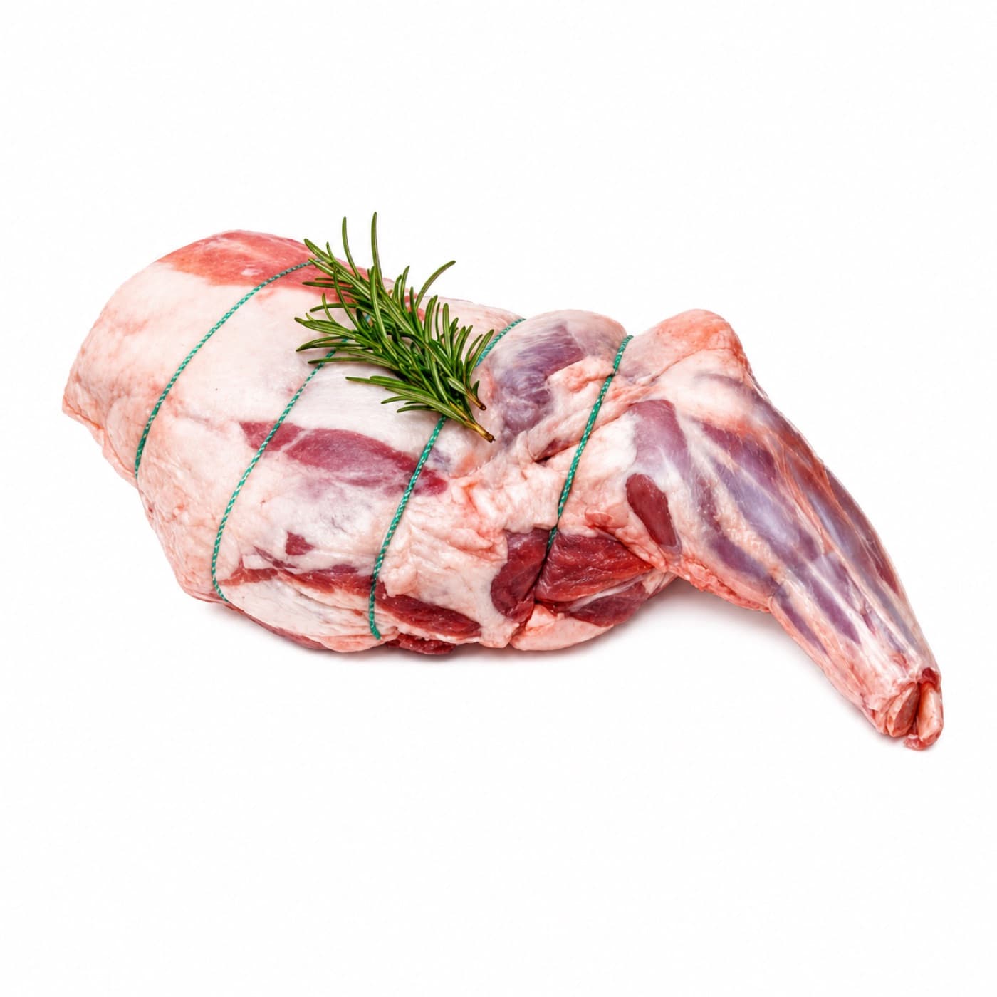 A tied leg of lamb with a sprig of rosemary, on a white background.