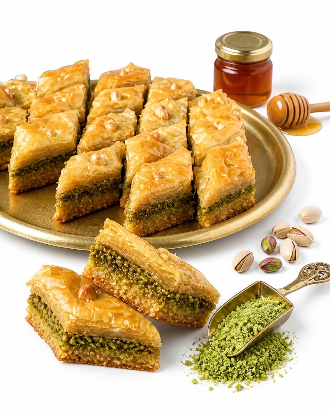 Diamond-cut baklawa layered with pistachio on a brass tray, with honey and ground pistachio alongside.