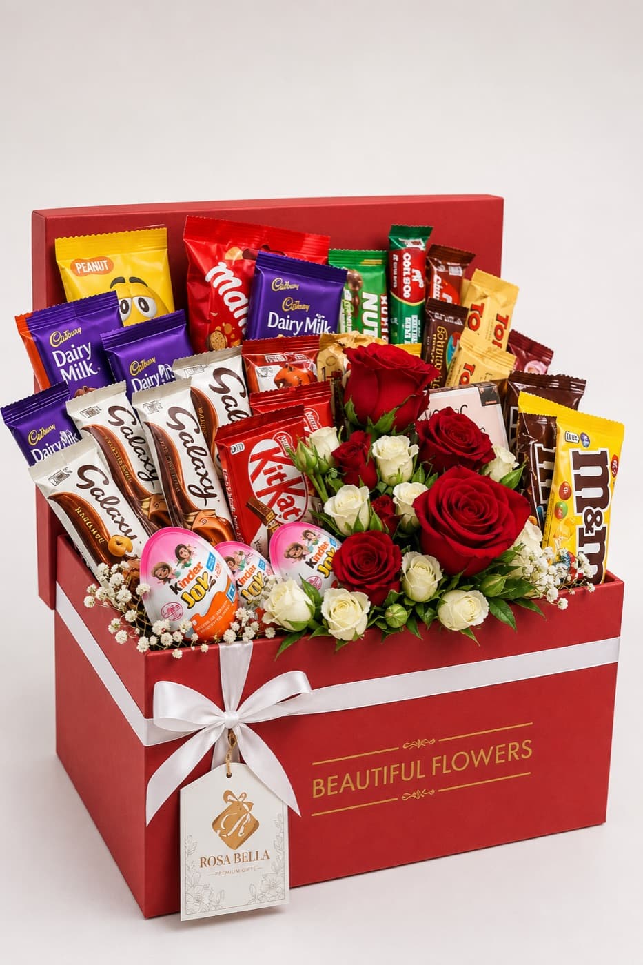 A deep red gift box filled with assorted chocolate bars and a cluster of red and white roses.